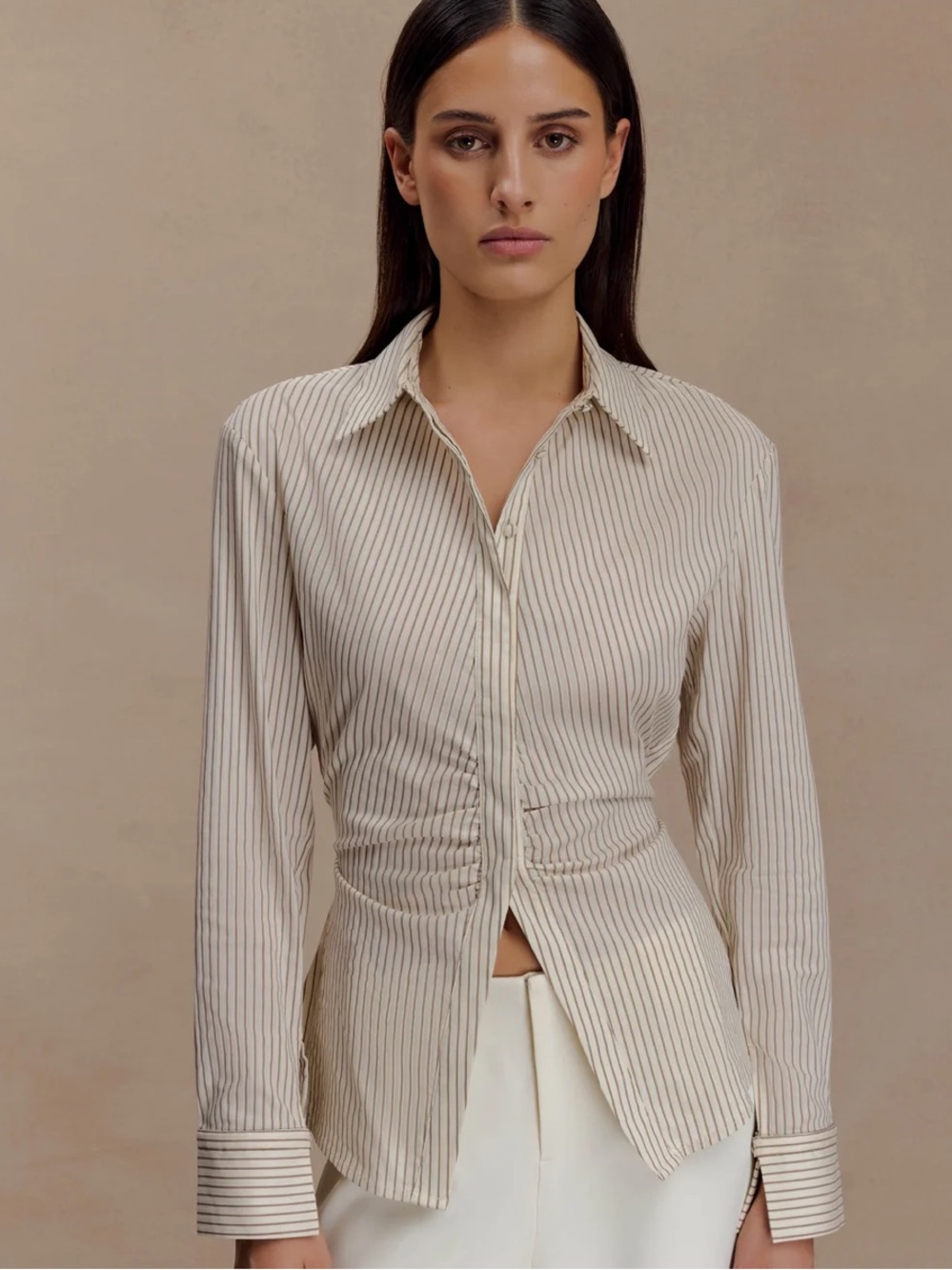 Meshki Beige Pinstripe Ruched-Waist Button Down Shirt